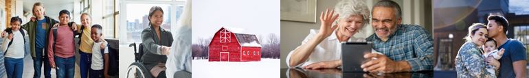 Collage of kids, older people, a barn, a veteran, and a person in a wheelchair