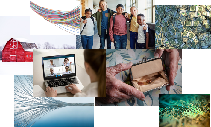 Collage of pictures including images of money, a rural setting, computers, and a group of kids.