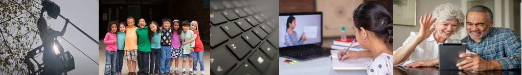 Several images showing a computer keyboard, utility pole, and people who can benefit from and are using the internet.